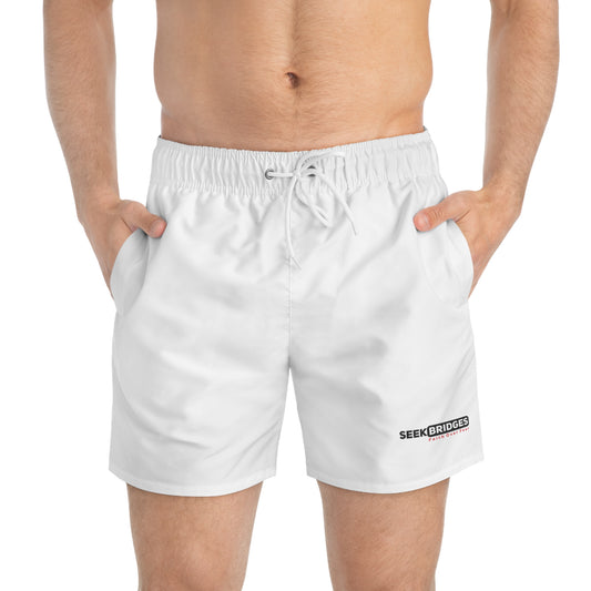 Men's White Swim Trunks with SEEK BRIDGES Design - Perfect for Beach Days and Pool Parties